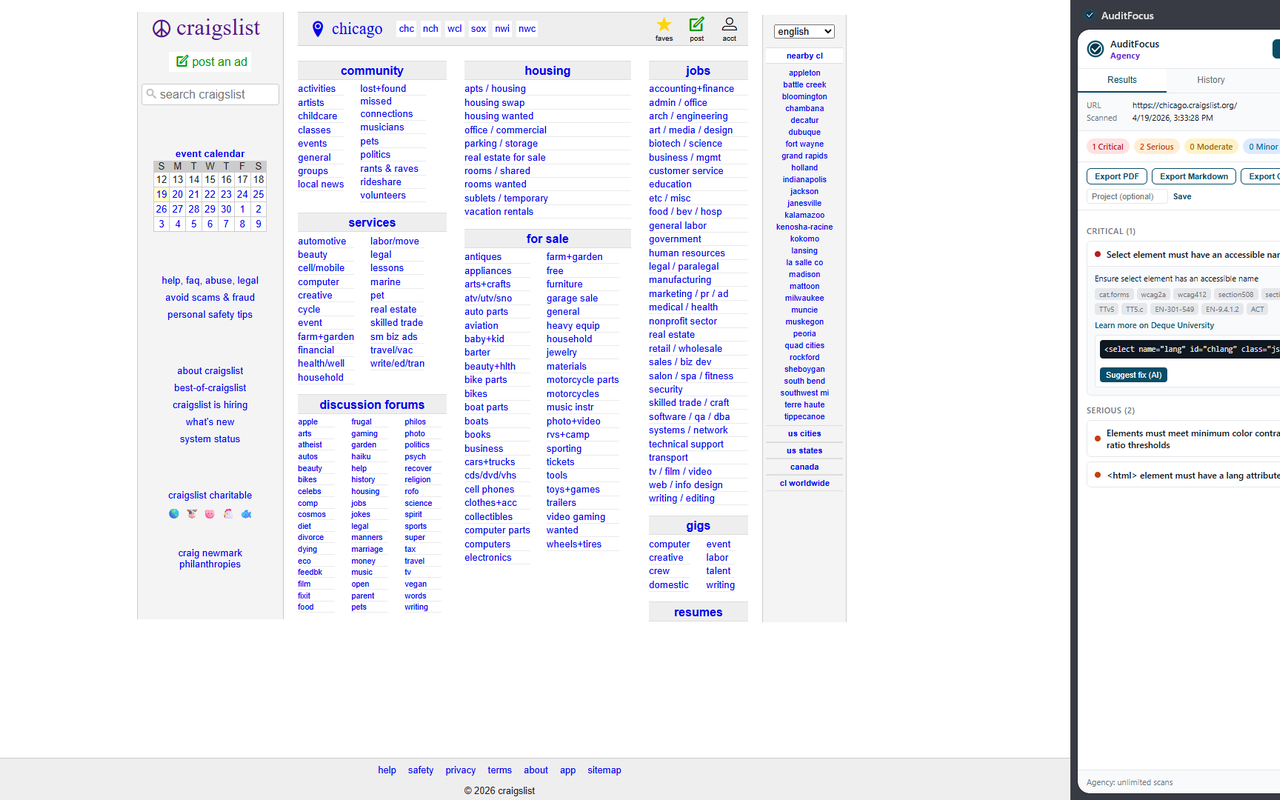 craigslist.org open in Chrome with the AuditFocus side panel showing Critical and Serious WCAG 2.1 findings and an AI fix suggestion.